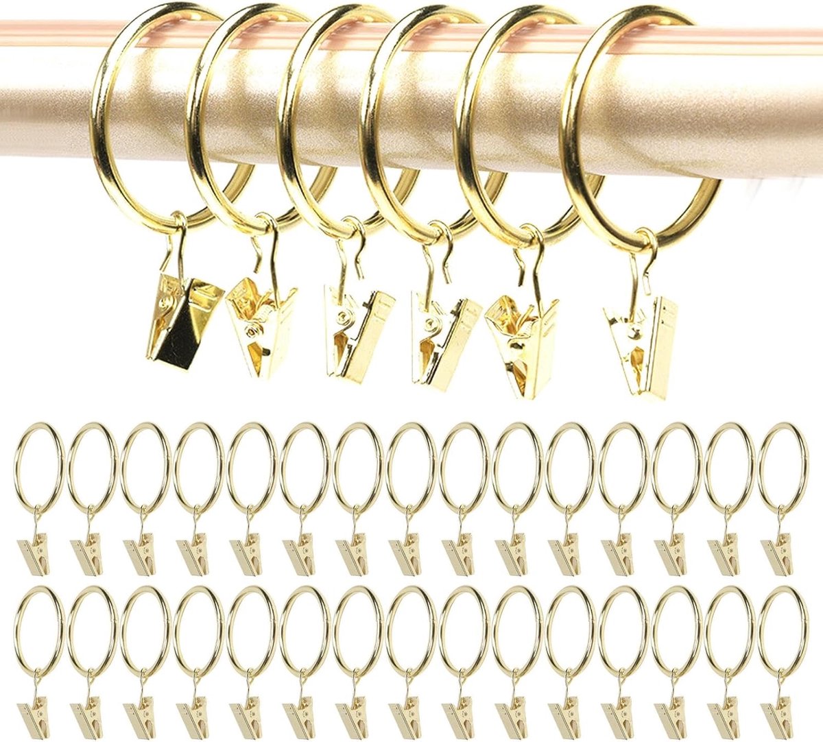 30 stuks gordijnringen met haken, gouden gordijnroede om te klemmen, 32 mm binnendiameter gordijnringen met clips - ShopVlot