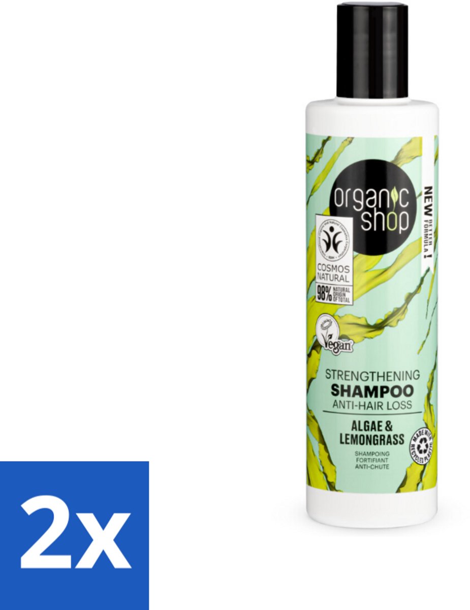 2 x Organic Shop - Algae & Lemongrass Strengthening Shampoo - Versterkend en Herstellend - 280 ml - Haaruitval Shampoo - Versterkende Shampoo - Organische Shampoo - Algen Shampoo - Citroengras Shampoo