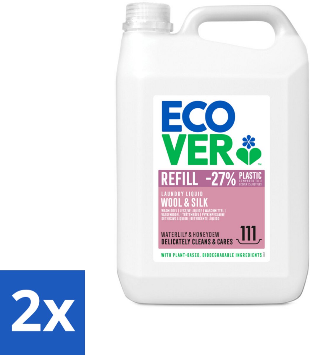 2 x Ecover - Vloeibaar wasmiddel - Wol & Fijnwas - Waterlelie & Honingmeloen - 5 liter - 111 wasbeurten - Wasmiddel Wol - Wasmiddel Zijde - Wasmiddel Fijnwas - Biologisch Wasmiddel - Vegan Wasmiddel
