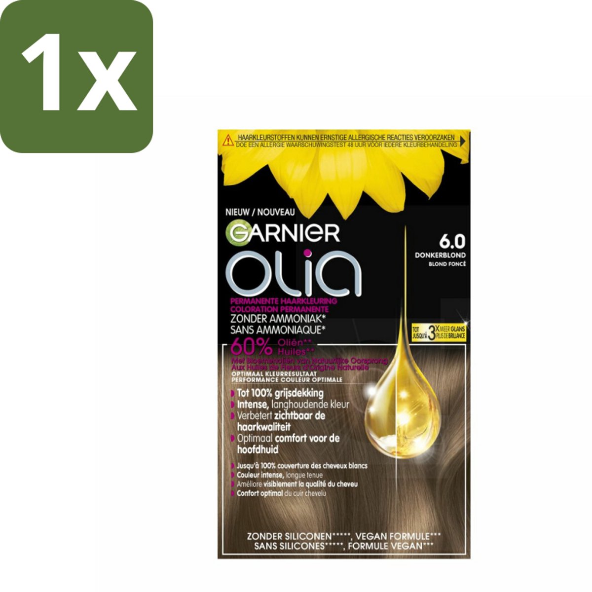 1 x Garnier - Olia 6 - Haarkleuring - Donkerblond - Zonder Ammoniak - Intense Langhoudende Kleur - 100% Grijsdekking - Haarkleuring - Permanent Haarkleuring - Donkerblond - Zonder Ammoniak - 100% Grijsdekking