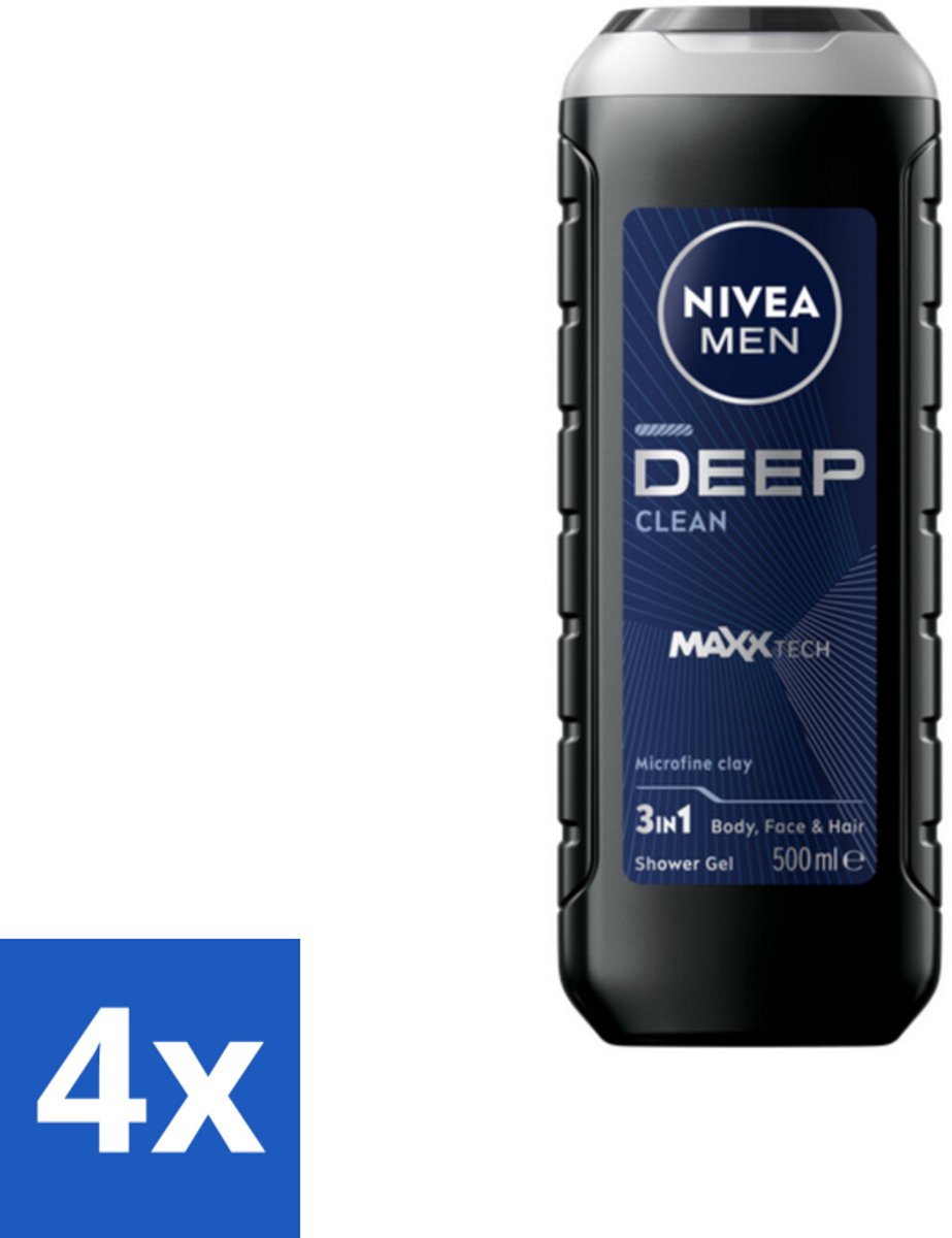 4 x NIVEA MEN - Douchegel - Deep Clean 3-in-1 - 500 ml - Diepe Reiniging - Microklei - Douchegel - Lichaam Reinigen - Gezicht Reinigen