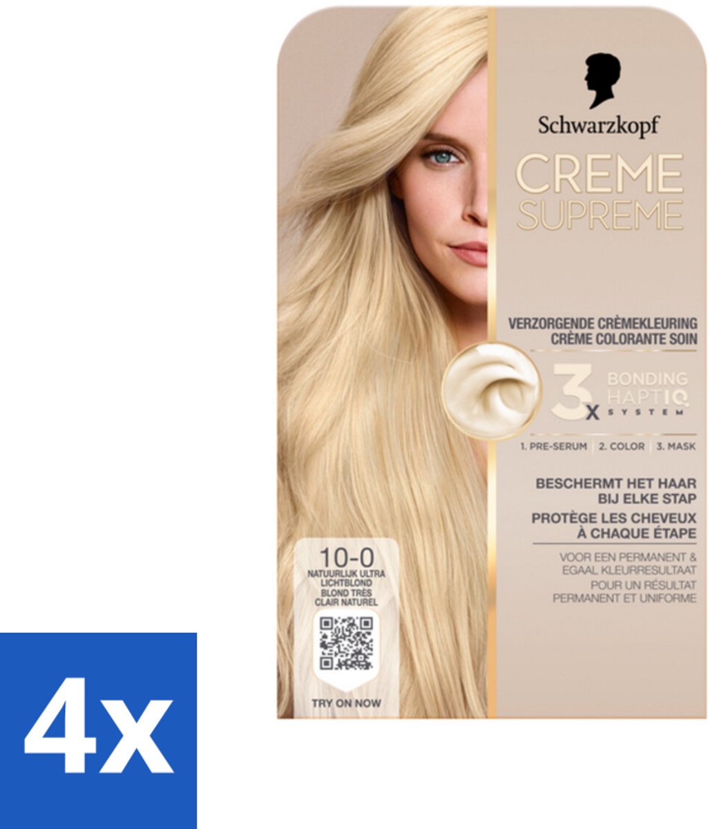 4 x Schwarzkopf - Haarkleuring - Creme Supreme 10-0 - Natuurlijk Ultra Lichtblond - 245g - Ultra Lichte Blond - Blond Haar - Haarkleuring - Grijsdekking - Haarkleur