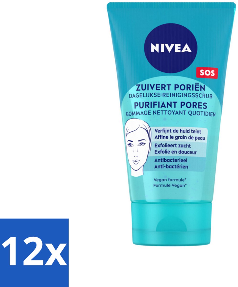 12 x NIVEA - Reinigingsscrub - Essentials Dagelijkse Scrub - Voor onzuivere huid - Met Melkzuur & Magnolia-extract - 150 ml - Gezichtsreiniger - Onzuivere Huid - Scrub - Puistjes - Mee-eters