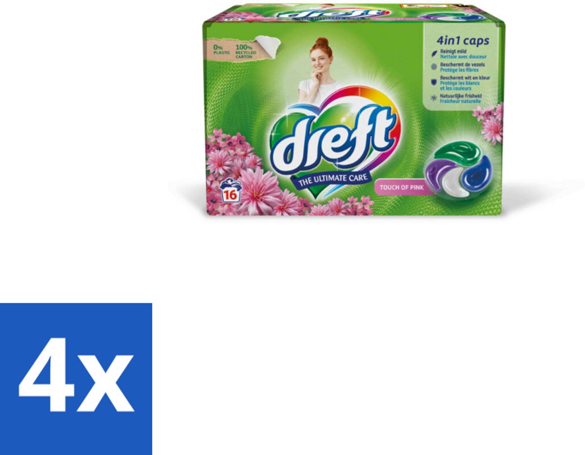 4 x Dreft - Wasmiddelcapsules - Touch of Pink - Geurige verzorging - 16 Wasbeurten - Wasmiddelcapsules - Plasticvrije Verpakking - Duurzaam Wassen - Wasmiddel - Wascapsules