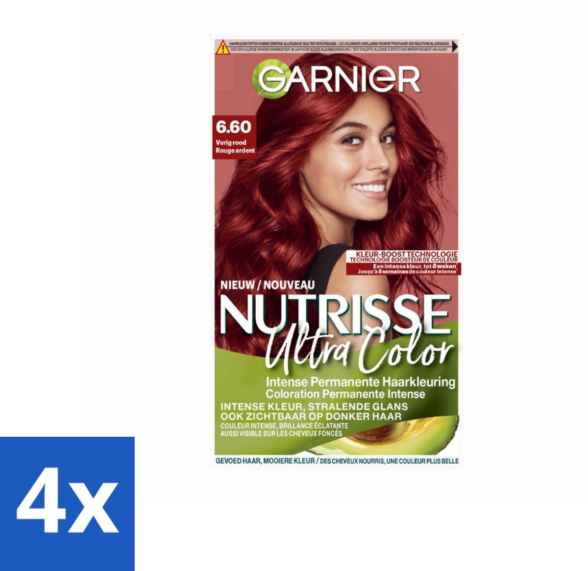 4 x Garnier - Nutrisse Ultra Color 6.60 - Haarkleuring - Vurig Rood - Voedend - Permanente Kleur - Haarverf - Permanente Haarkleuring - Nutrisse Ultra Crème - Grijsdekking - Voedende Haarkleuring