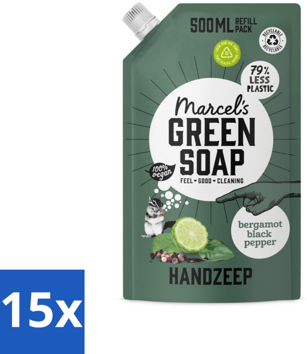 Marcel's Green Soap - Handzeep - Bergamot & Black Pepper - Natuurlijke verzorging - 500 ml - Bulkverpakking - 15 stuks