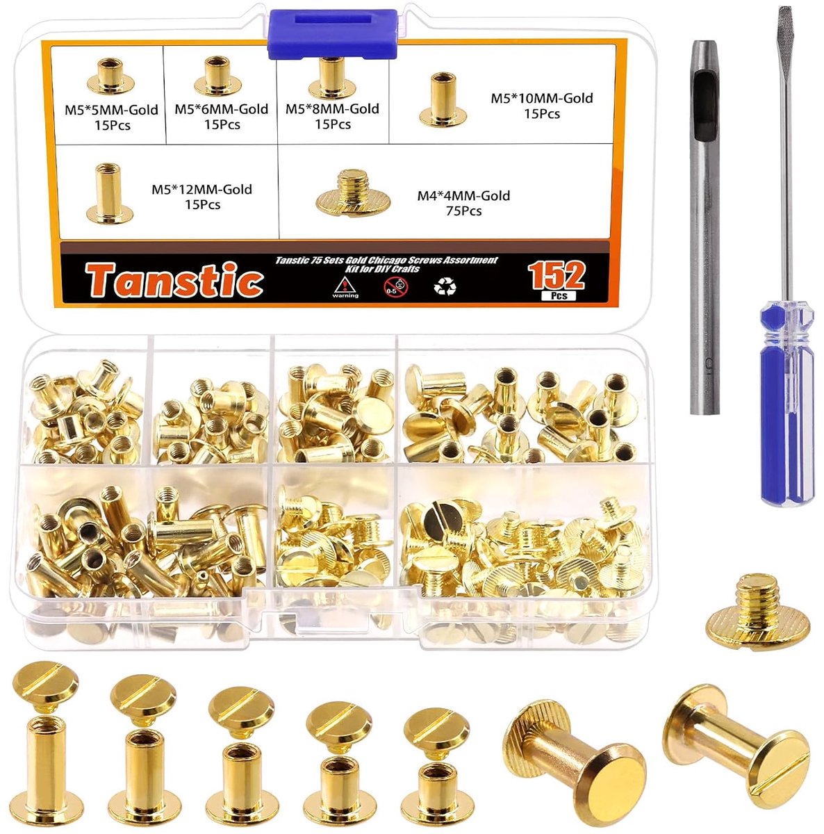 Chicago schroeven set 75 stuks - M5 x 5/6/8/10/12mm - goudkleurig - inclusief installatiegereedschap - ShopVlot