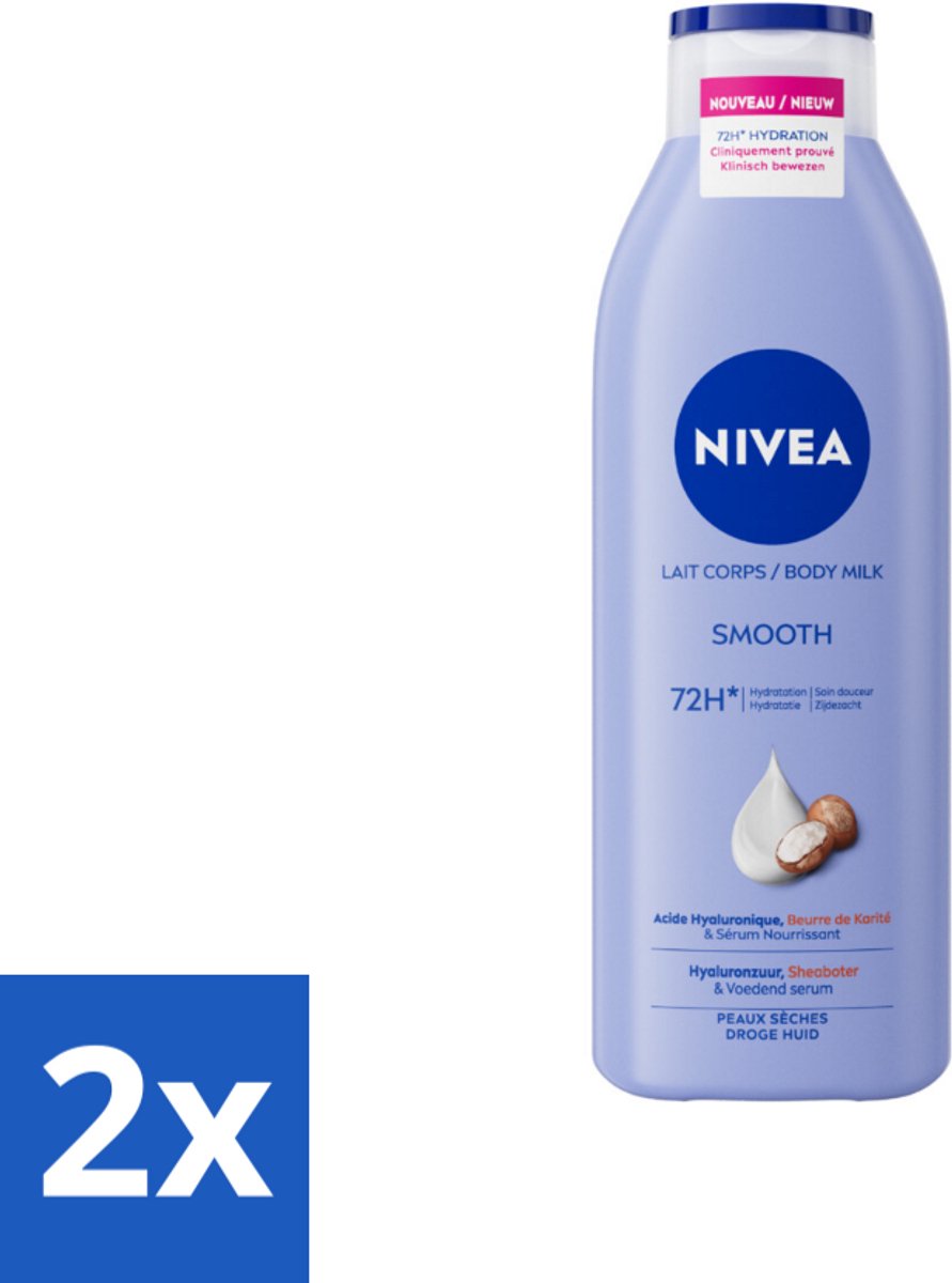 2 x Nivea - Smooth Body Milk - Sheaboter - 72 uur Hydratatie - Voor Droge Huid - 250 ml - Nivea Bodylotion - Bodymelk Droge Huid - Hydratatie - Sheaboter - Hyaluronzuur