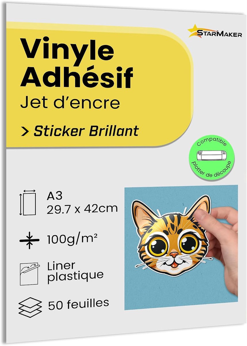 A3 zelfklevend vinyl - 50 vellen glanzend - plastic voering - ideaal voor creatief printen - ShopVlot