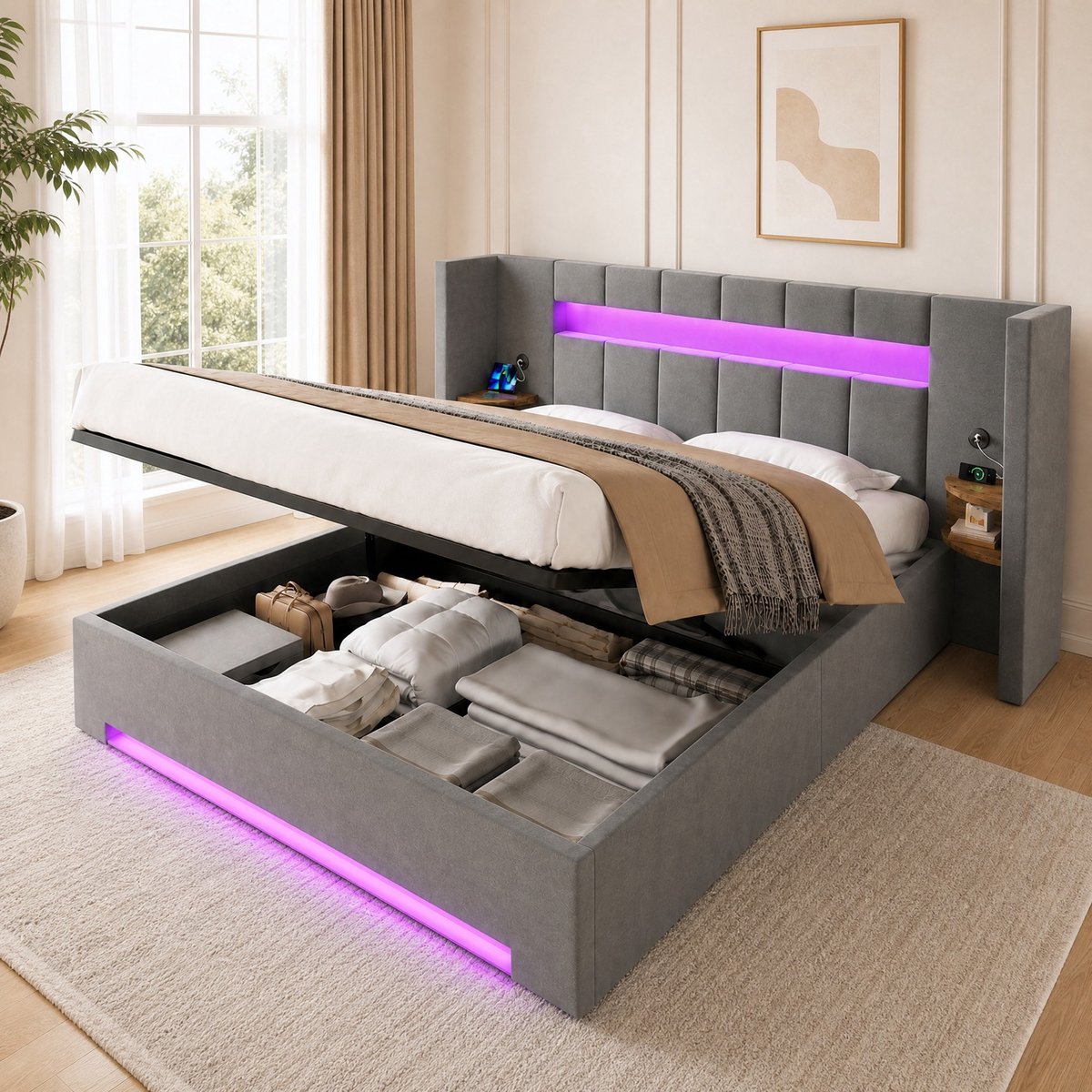 Wishdor Bedframe met opbergruimte en LED-verlichting - Zachte velours look - Hydraulisch opklapbaar - USB-poorten - Retro opbergvakken - Grijs - 160x200 cm