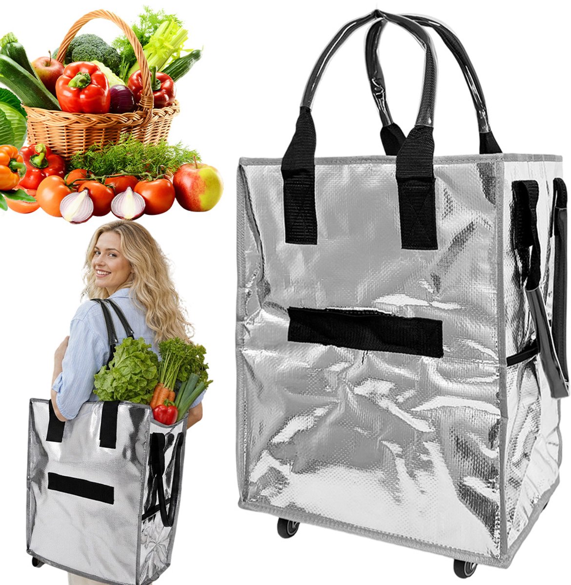 Boodschappentrolley Opvouwbaar - Winkelwagen Tas - Boodschappentas op Wielen - 40x30x50 cm - Geïsoleerd - Waterdichte - 2 Handgrepen - Rechtop - Voor Boodschappen & Picknick & Kamperen - Zilver