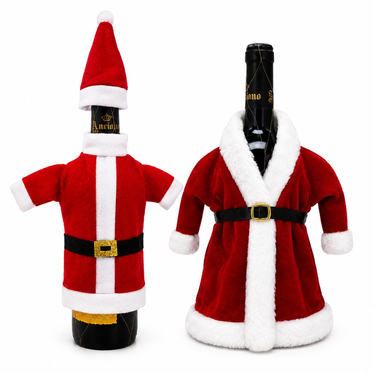 HEM Wijnfles Kerstdecoratie Set 2 Stuks - Kerstmanpak & Kerstpak Met Muts - Wijnfleshoes - Flesversiering Rood Wit