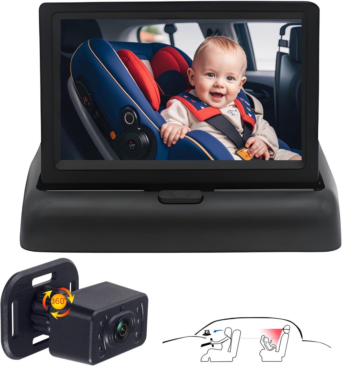 Babyautocamera voor de achterbank, HD 720P, 4,3-inch display, met nachtzicht, 360° rotatie, 150° groothoek. Bescherm de ogen van uw baby. Achterbankcamera voor kinderen, baby's en pasgeborenen KB4 5