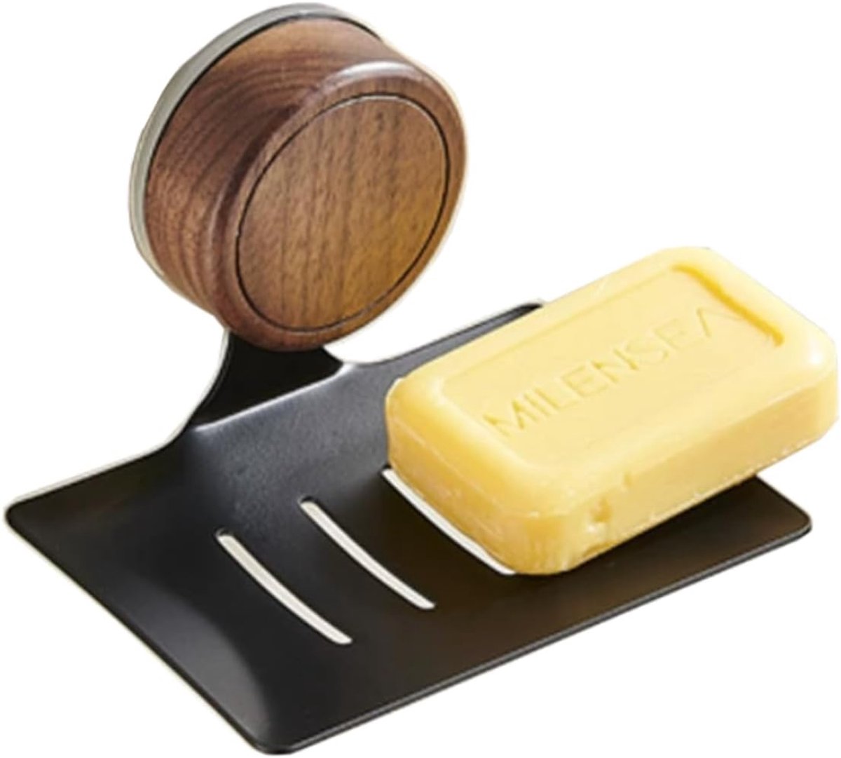 Soap Dish, Walnut and Stainless Steel, Wall Mounted Shower Soap Bar Holder, Waterproof Sponge Holder Without Drilling - ShopVlot
