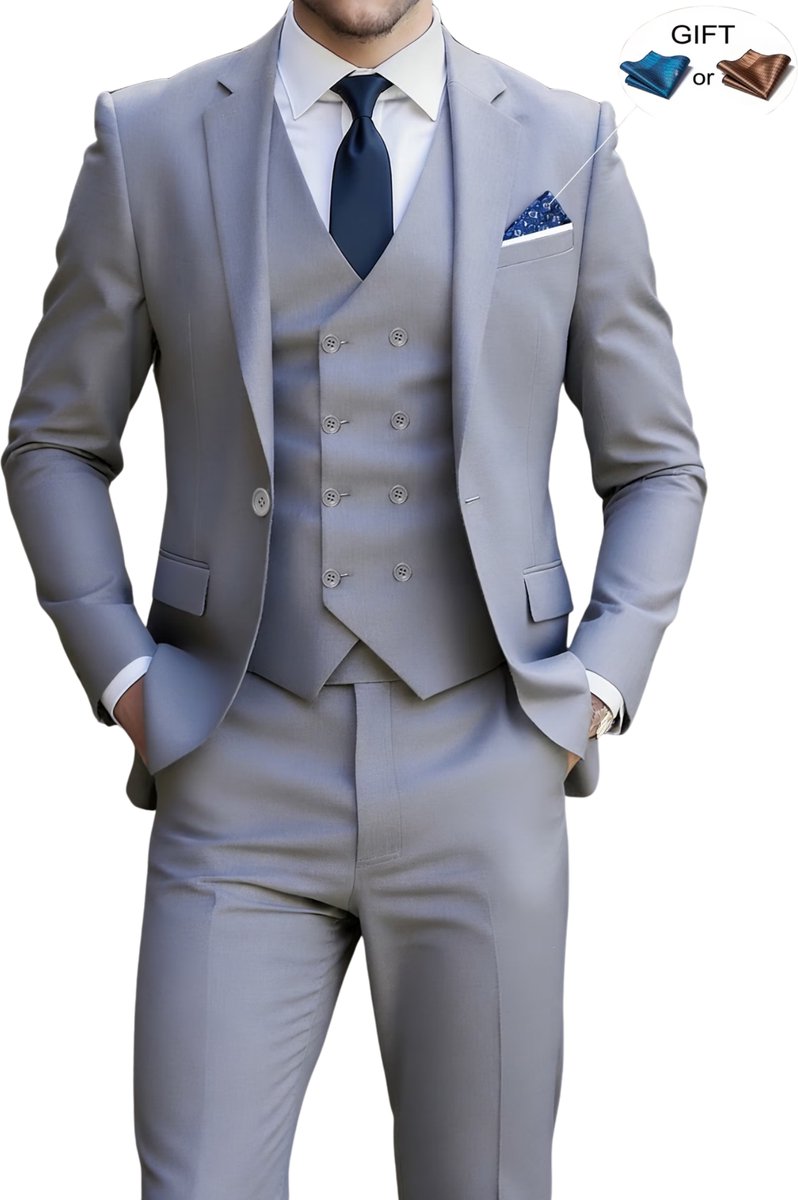 Currero 3 Delig Herenpak Met Overhemd Suit 2 Delig Tailored Fit Kostuum Business Pak Trouwpak Smoking Tuxedo Stijl Bruiloft Kantoor & Feest 1 Grijs
