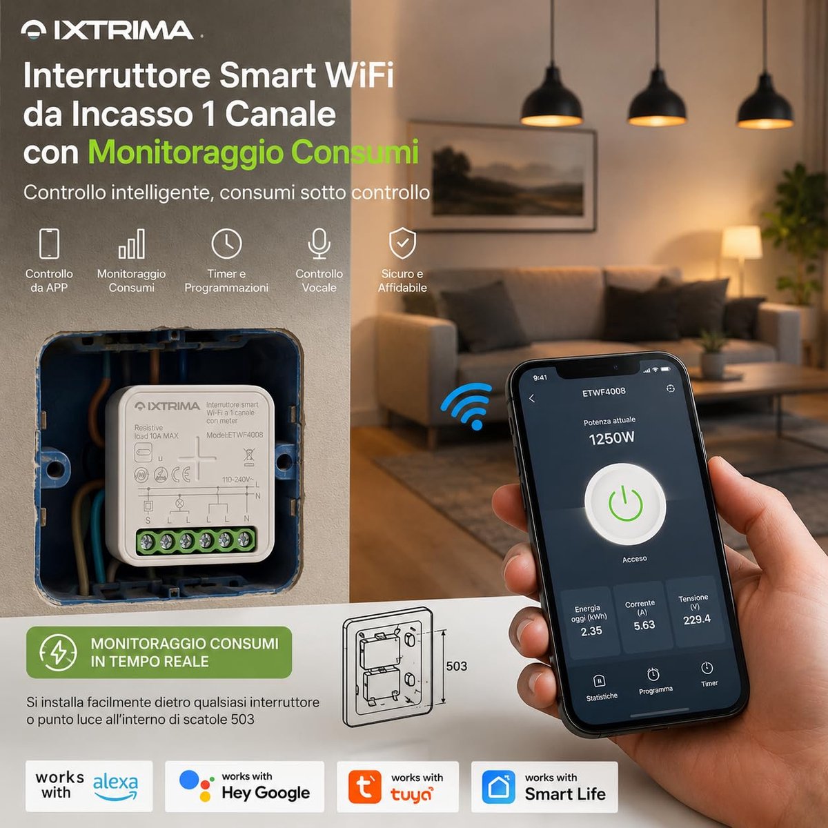 Inbouwschakelaar met meter 10 A - Smart WiFi - Verbruiksbewaking - Bedien via smartphone - ShopVlot