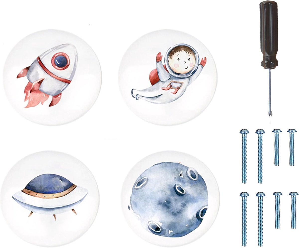 4 stuks kinderkamer ladeknoppen van keramiek – ruimtemotieven (raket, astronaut, UFO, maan) voor commodes - ShopVlot