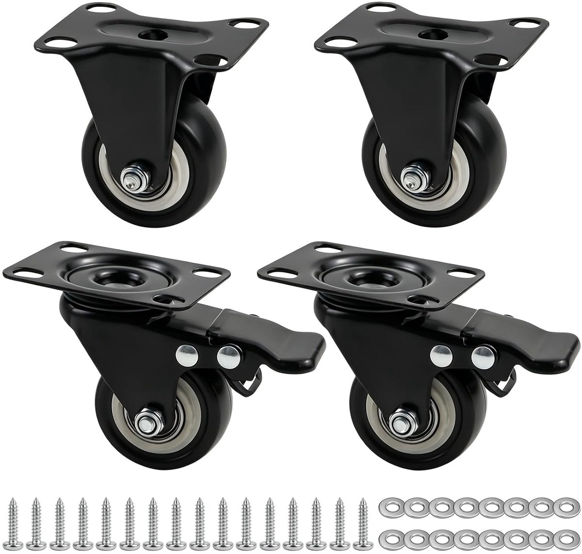 4 stuks meubelwielen, 2 zware wielen met rem, 2 geruisloze steunwielen, wielen voor meubels, 360° zwenkwielen 50 mm - ShopVlot