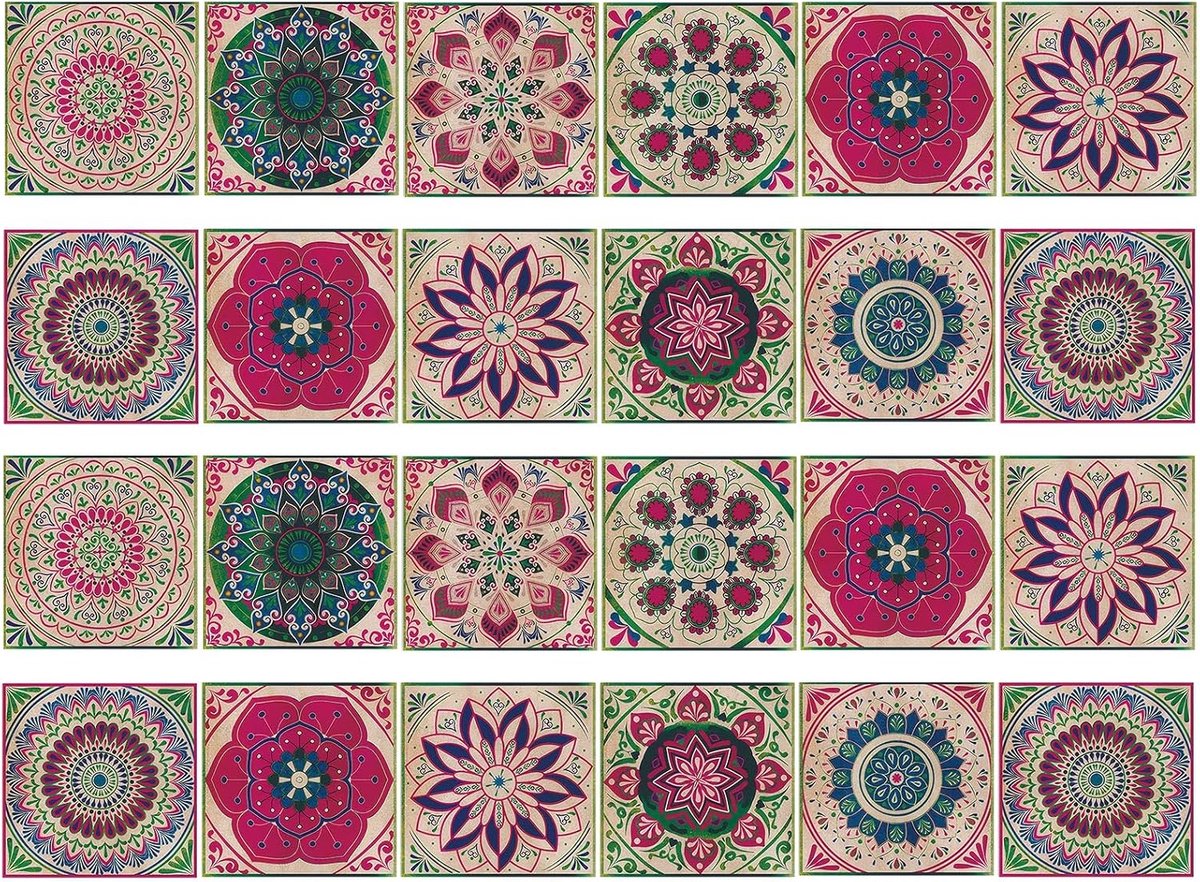 Waterproof Wall Stickers for Kitchen 24 Pieces Moroccan Tiles Wallpaper for Kitchen Bathroom Children's Room, Red - ShopVlot