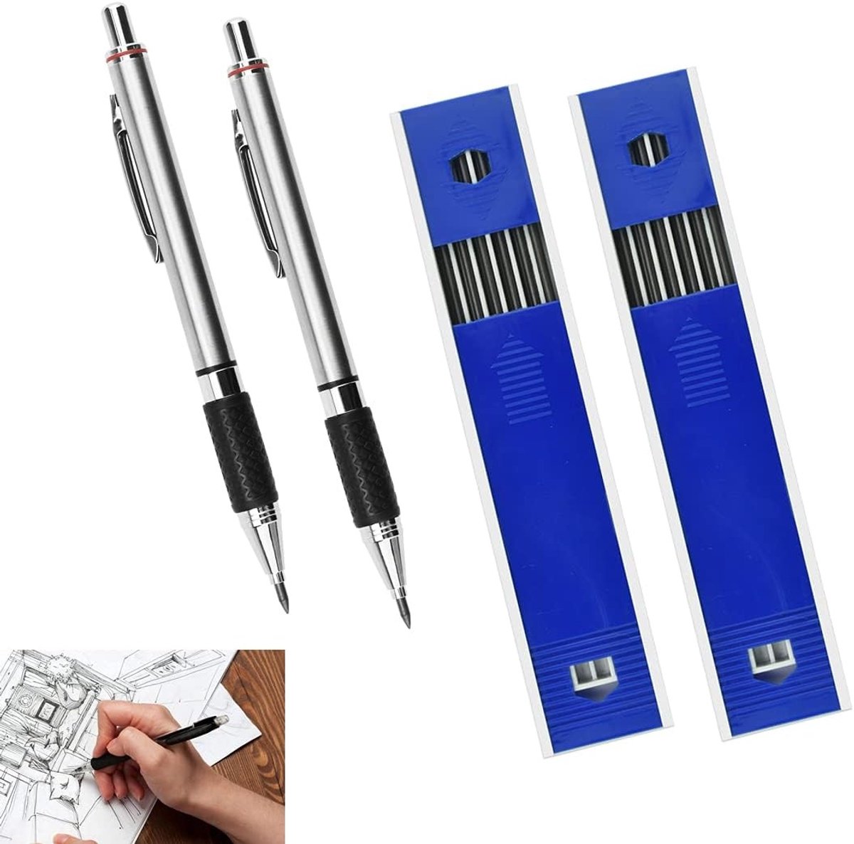 Mechanisch Potlood - Zilver - 2 mm - Metalen Potlood met Rubber Grip en Vervangbare Leads - Voor Schrijven en Tekenen