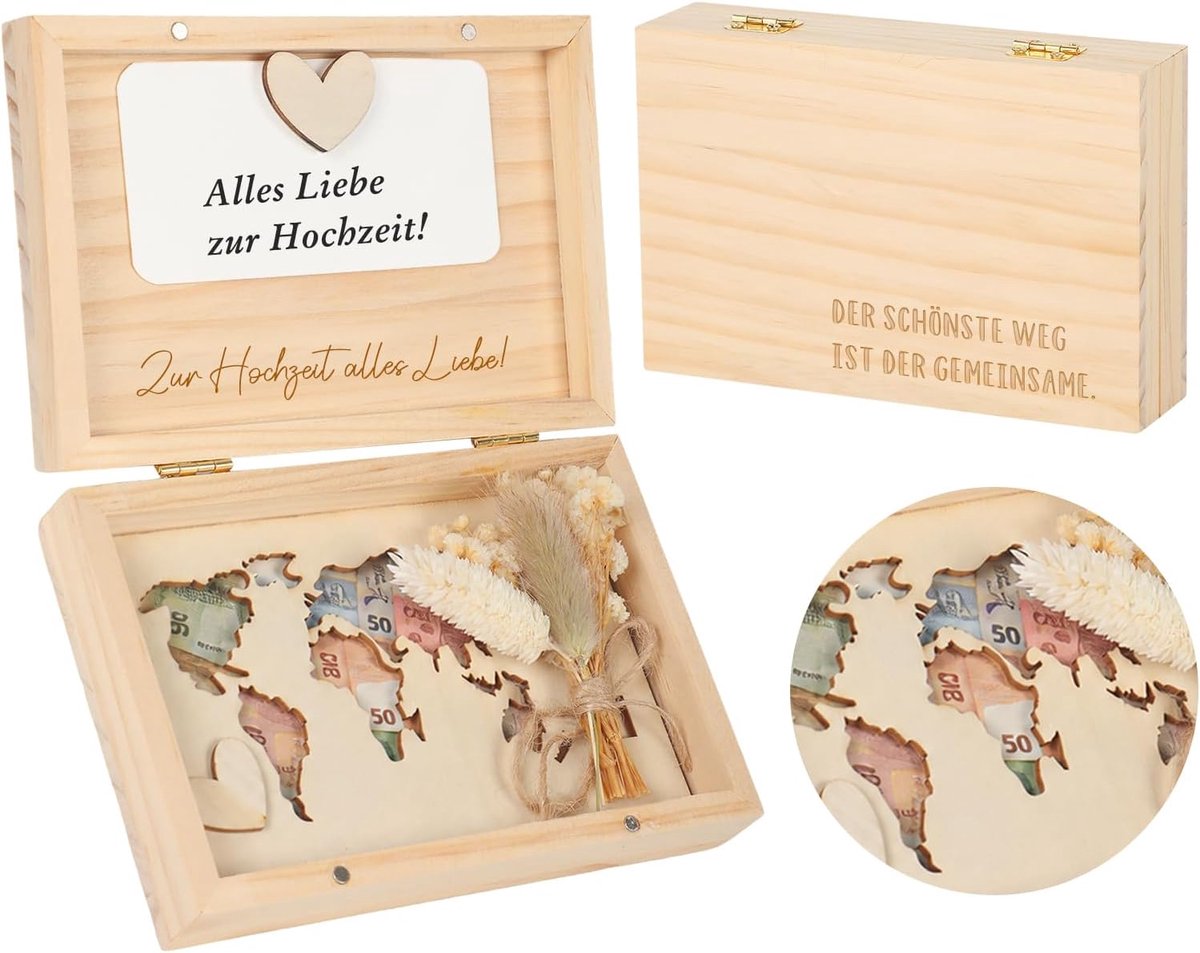 Geldgeschenk bruiloft wereldkaart van hout, 15 x 10 x 3,6 cm, huwelijkscadeau, geld voor bruidspaar - ShopVlot