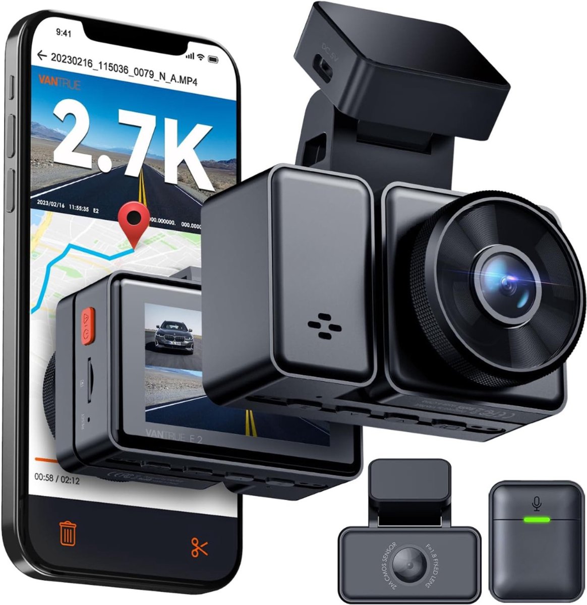 QUOVO® Dual Dashcam - Dashcam Voor Auto 5 GHz wifi 9MB/S - Voor en Achter Camera – Auto Camera Met Nachtzicht – Parkeermodus - G-Sensor - Zwart - 14cm x 15cm x 11cm