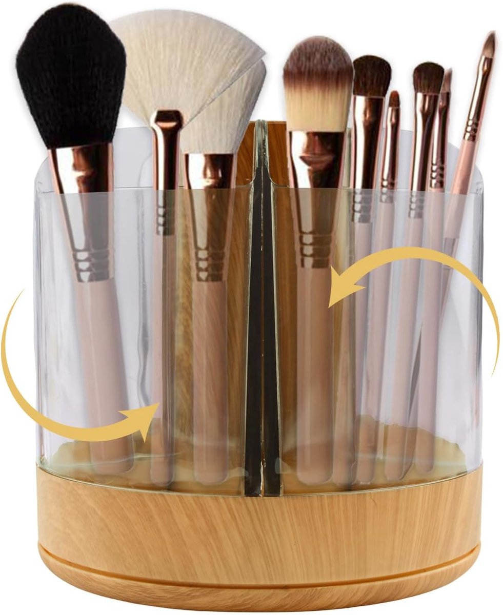 Natuurlijke houten make-up borstelhouder, 1 STKS 360 ° roterende make-up organizer met 6 sleuven voor het opbergen van - ShopVlot