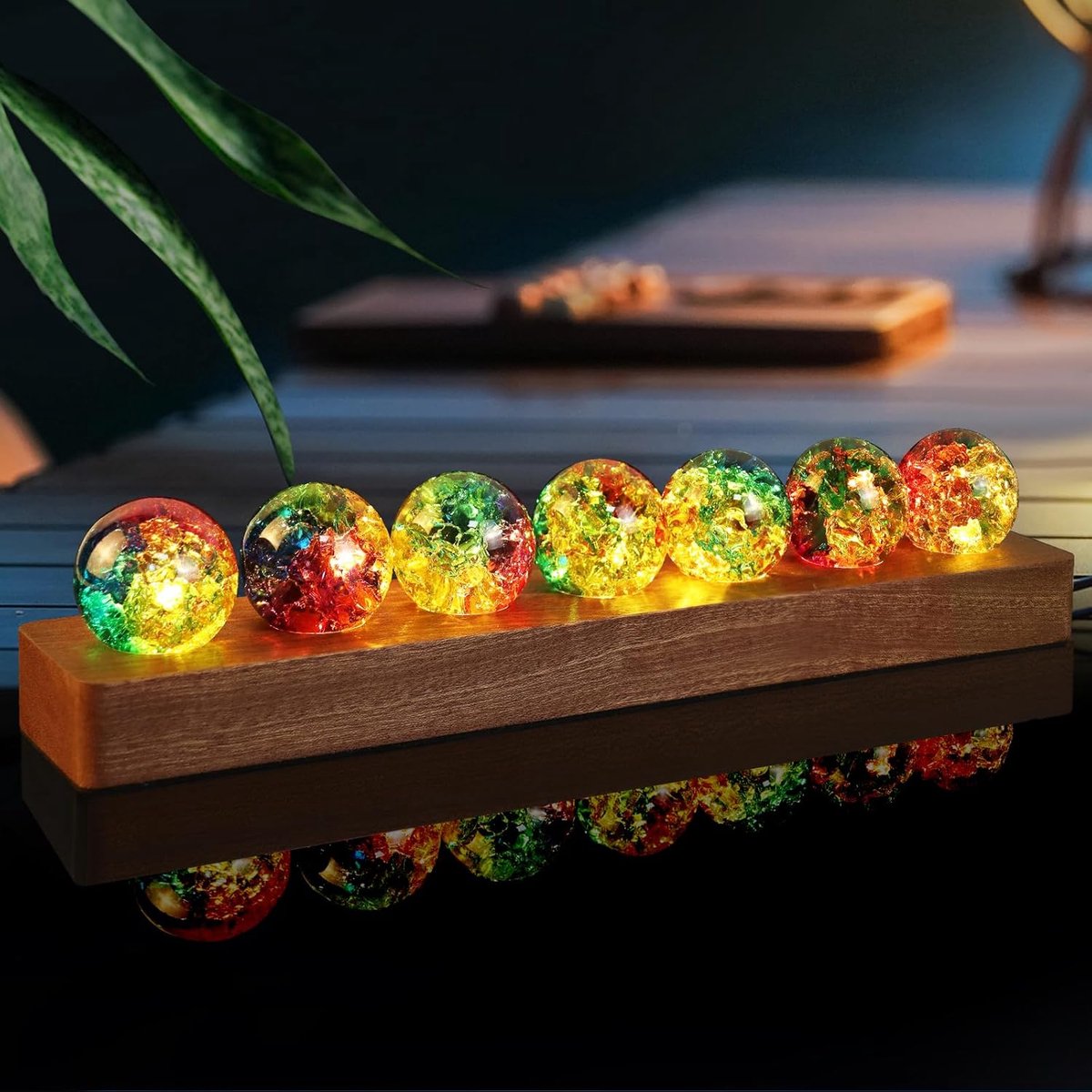 Kleurige Crackle Ballen 40 mm - Sapele Houten Basis - Positieve Energie - Voor Yoga en Meditatie - ShopVlot