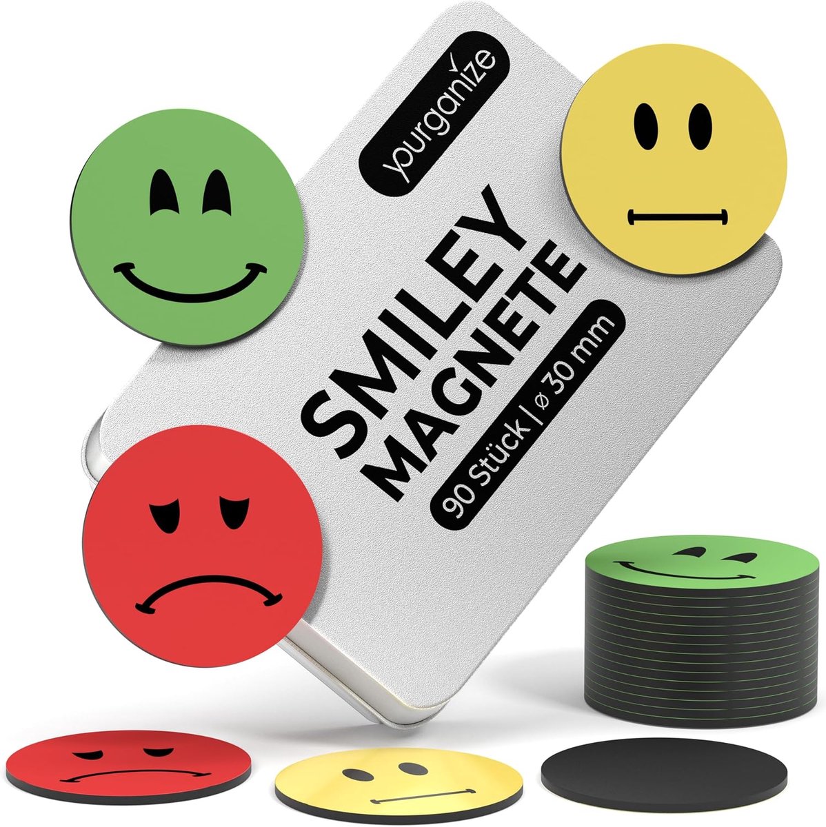 Smileys magneten 90 stuks - diameter 30 mm - verkeerslichtkleuren - ideaal als beloningssysteem voor kinderen - ShopVlot