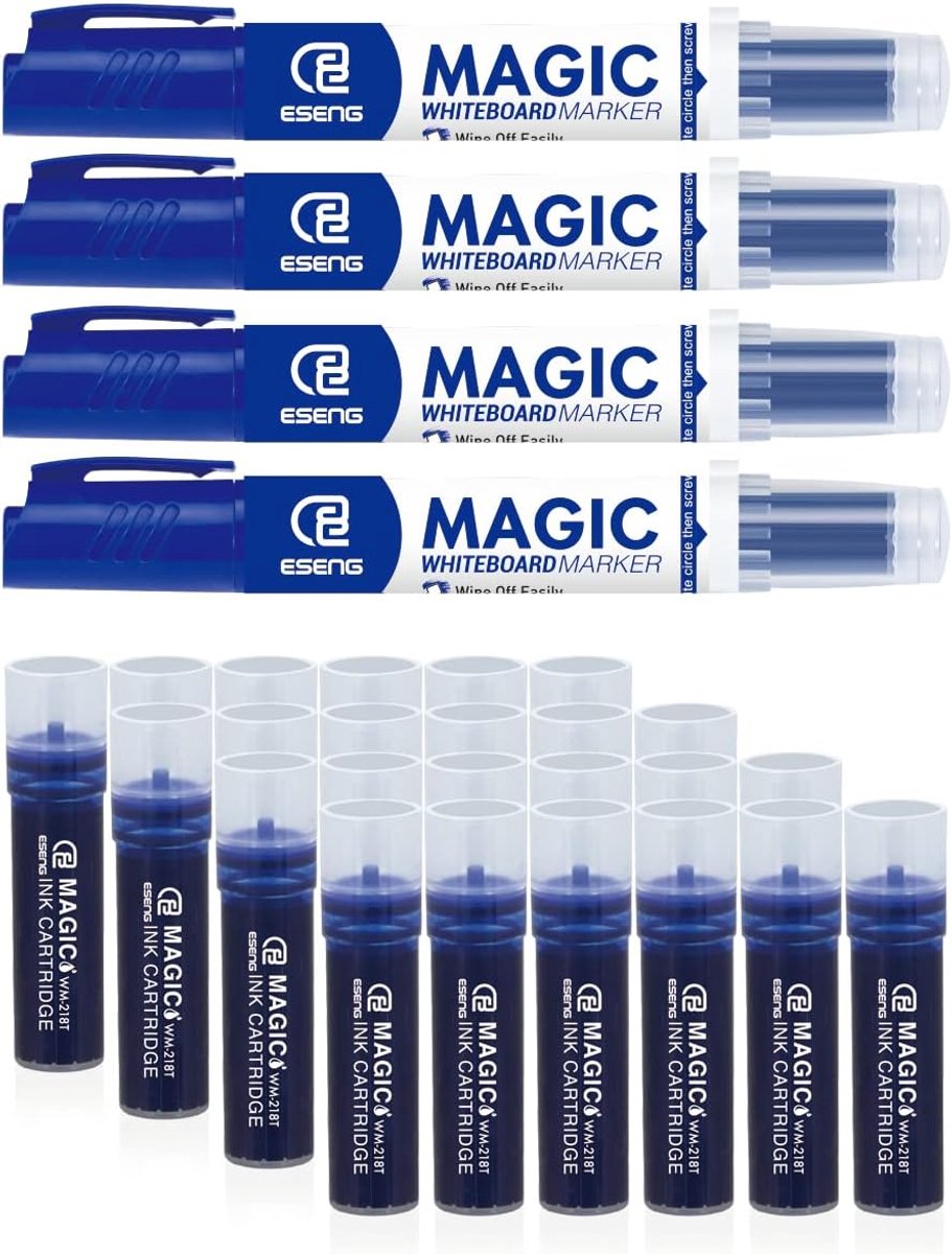 Whiteboard marker set - 4 markers + 24 cartridges - blauw - snel drogend en vervangbaar - ShopVlot