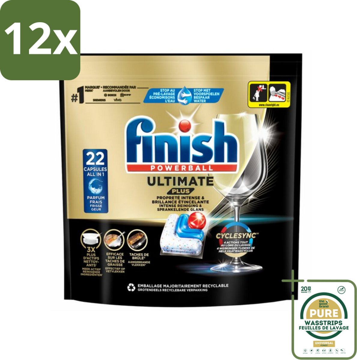 Finish - Vaatwasmiddel - Ultimate Plus Vaatwastabletten Regular - Krachtige Alles-in-1 Reiniging - 22 capsules - Voordeelverpakking - 12 stuks - Vaatwasser - Vaatwasmiddel