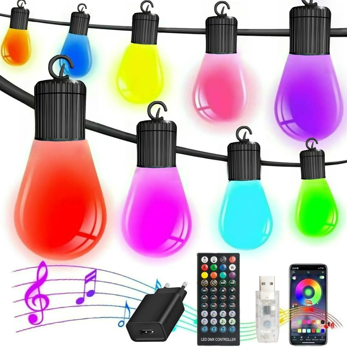 KZQ 15 meter lange LED-lichtslinger voor buiten - buitenverlichting - tuinverlichting - feestverlichting - IP65 waterdicht - 20 RGB S14 LED's - bedienbaar via smart-app en afstandsbediening - USB-interface
