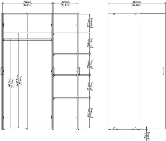 Technische tekening van een witte kast met afmetingen en interne indeling.