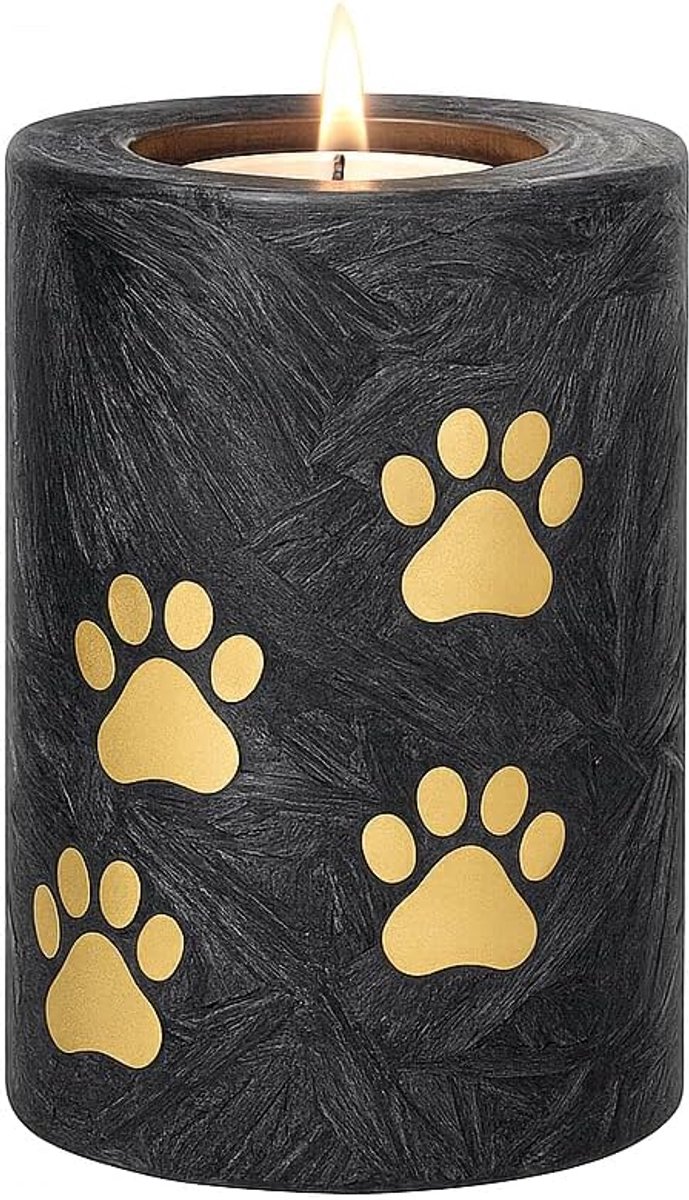 Pet Urn with Candle Holder – 13cm - 400ml – Black with Gold and Paw Prints – Handmade Glass Urn – Memorial Candle - ShopVlot