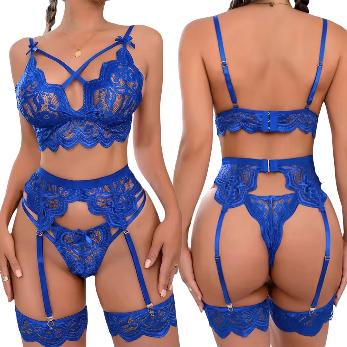 Sexy KANTEN dameslingerie, vierdelige set, BLAUWE erotische lingerie M