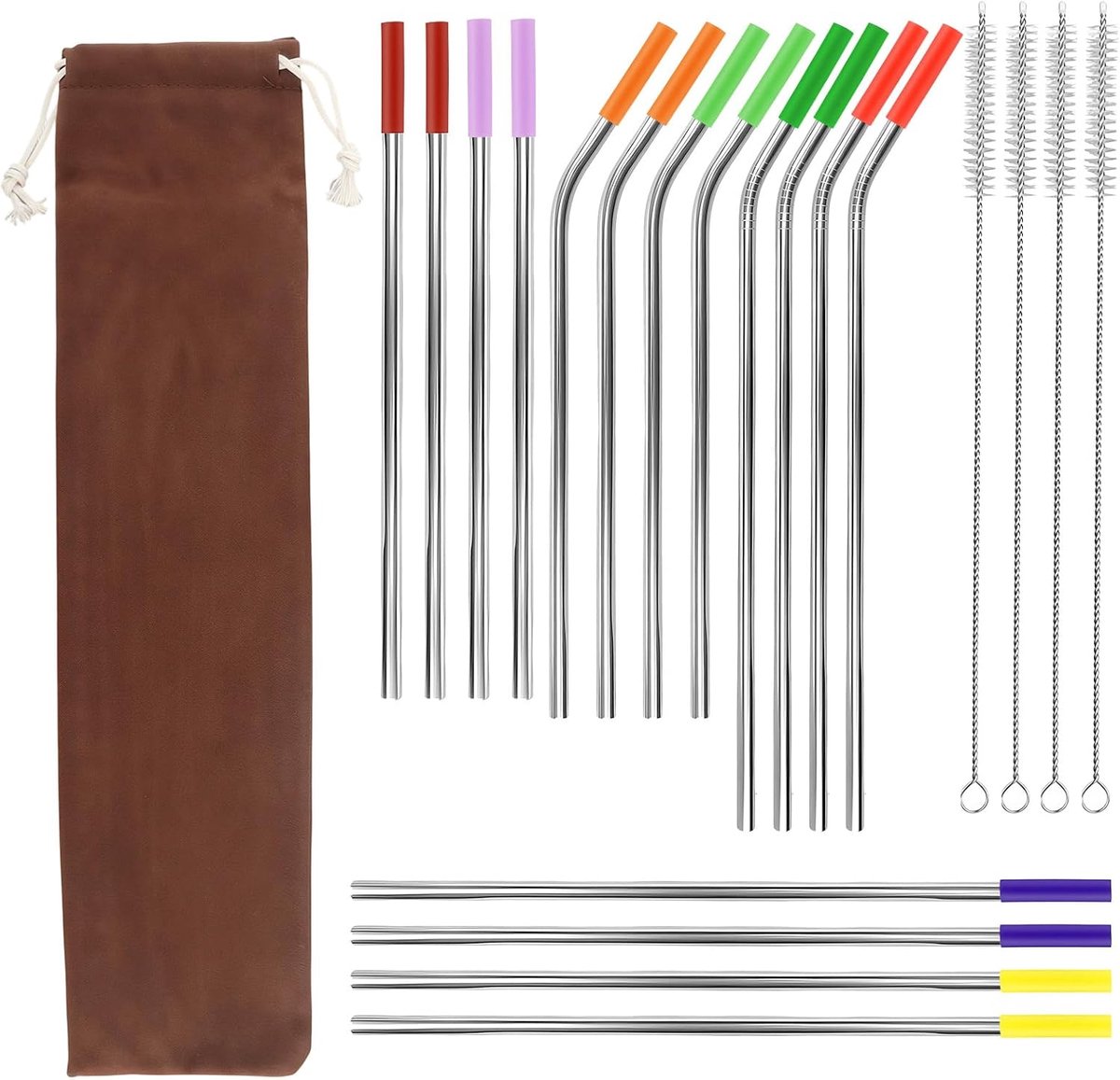 16 Pcs Reusable Stainless Steel Straws with Soft Silicone Tips, 4 Cleaning Brushes, Portable Pouch, Eco-friendly Metal - ShopVlot