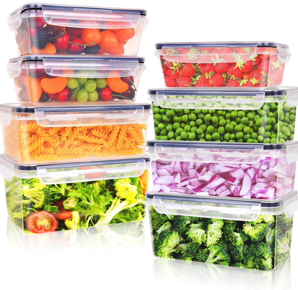 Famanu – Vershouddozen met deksel, 16-delige set Tupperdozen (8 bakjes + 8 deksels), 2,2 L, 1,74 L, 1 L, 100% lekvrij en BPA-vrij