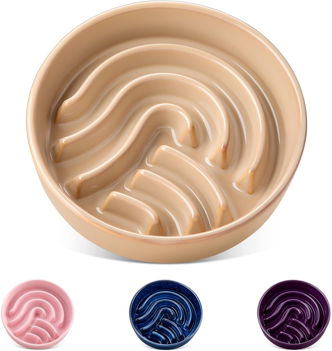 Famanu – Slow feeder hondenbak, 0,6 kopjes, keramische langzame voerbak voor kleine rassen, puzzel voerbak voor kat en hond, antislip en tipbestendig, bruin