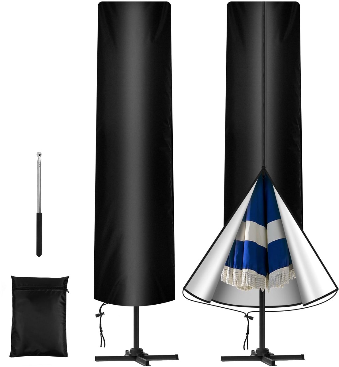Famanu Grote beschermhoes voor parasol met stang, geschikt voor parasols van 3 tot 4 m, weerbestendig en uv-bestendig, 210D Oxford materiaal, 240 x 57 cm Zwart