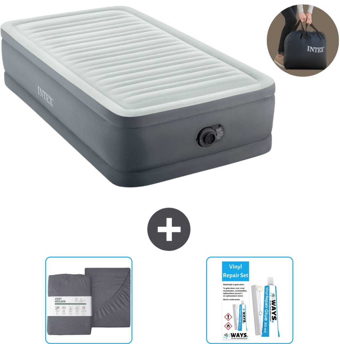 Bol.com Intex Luchtbed - 1-Persoons - 99 x 191 x 46 cm - Grijs - Inclusief pomp - Hoeslaken en Reparatieset aanbieding