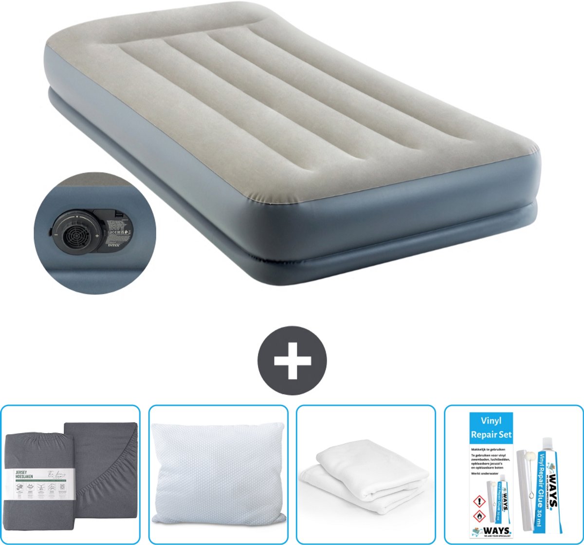 Intex Luchtbed - 1-Persoons - 99 x 191x 30 cm - Grijs - Inclusief pomp - Hoeslaken - Kussen - Reparatieset en Kussenbeschermer