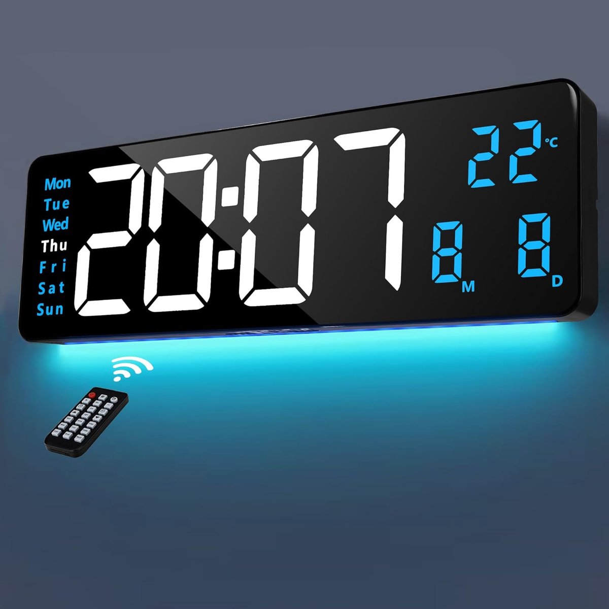 Lafocuse Digitale wandklok, 40,6 cm (16 inch), blauwe led, groot, met nachtlampje, 9 RGB-kleuren, afstandsbediening - ShopVlot