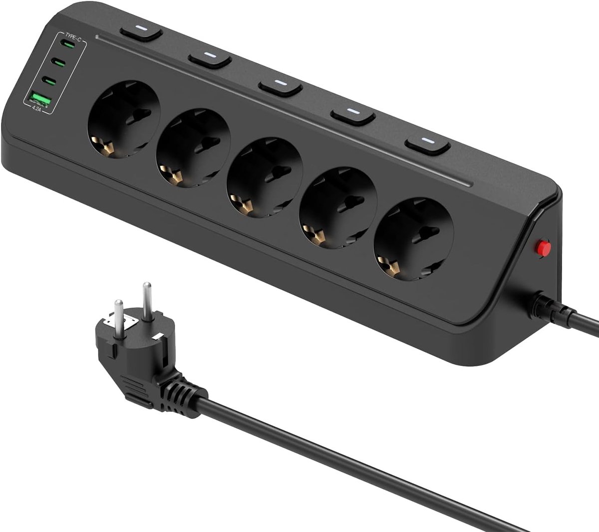 Hoekstekker met USB - 5 Schuko aansluitingen - Individuele schakelaars - Maximale veiligheid en energiezuinig - ShopVlot