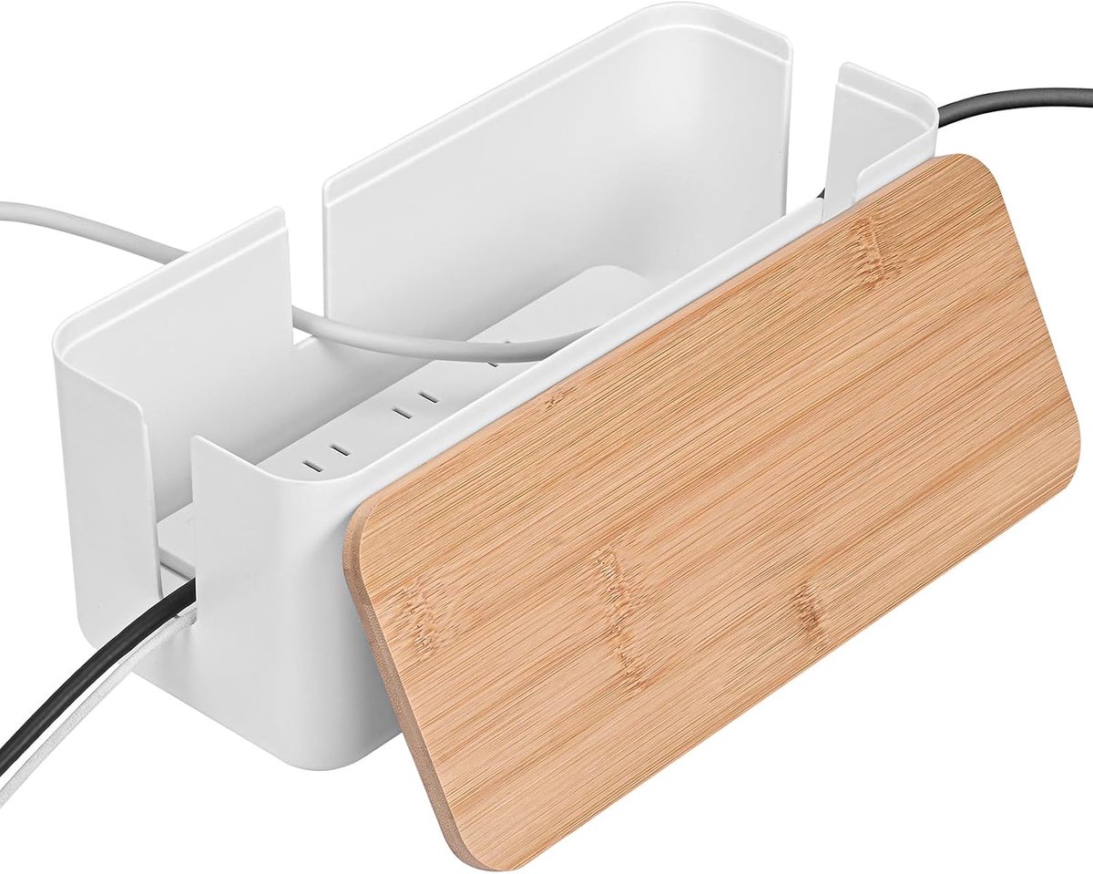 White cable organizer with wooden lid, cable organiser, cable storage box, for hiding cables and plug strips - ShopVlot