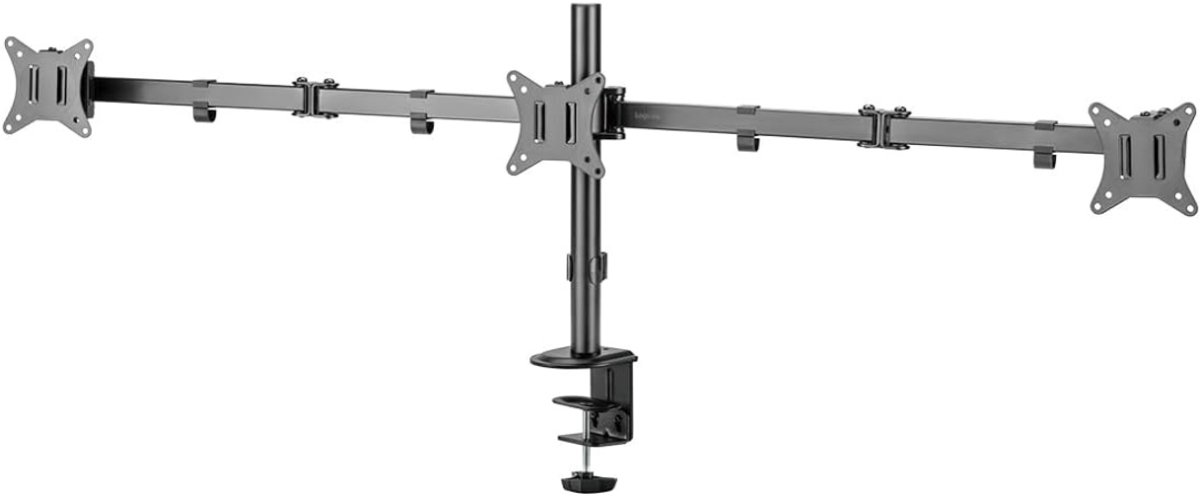 QUOVO® Monitorarm 3 schermen - Muurbeugel - Triple Beeldschermarm Voor 15 tot 27 inch - Muurbeugel Monitor - Monitorbeugels - Monitorbeugel 3 schermen - Zwart - 143cm x 14cm x 55cm