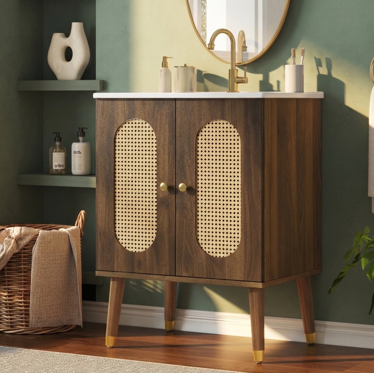 MIVRAY Halfhoge Kast - Rattan Draaideuren Met Keramische Wastafel - Bohemian Badkamer Opbergkast - MDF En Keramiek - 61 X 47 X 89 Cm - Walnoot