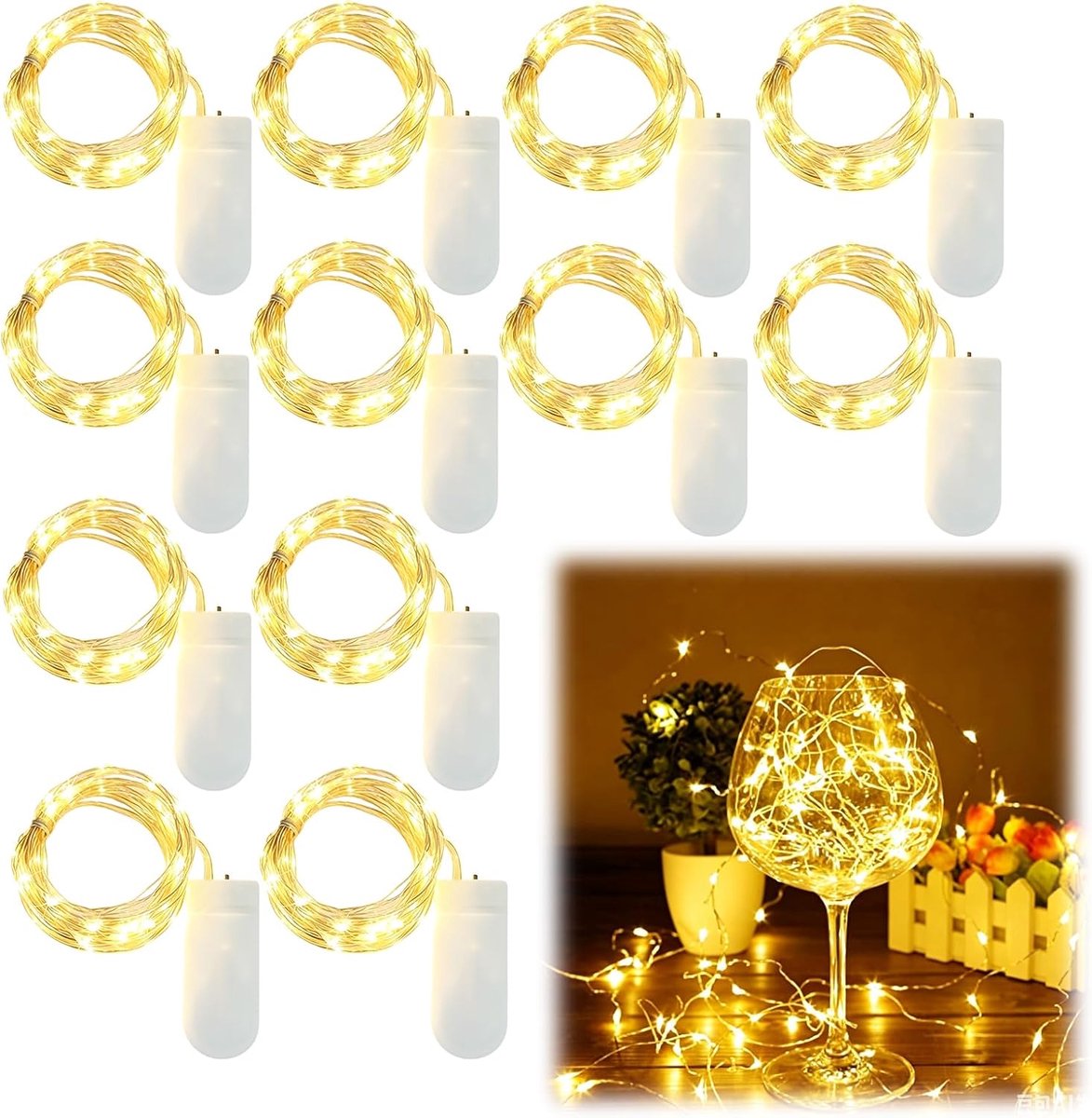 12 stuks lichtsnoeren, mini-led-lichtsnoer, werkt op batterijen, 2 m met 20 warmwitte leds, hoge helderheid, zuinig - ShopVlot