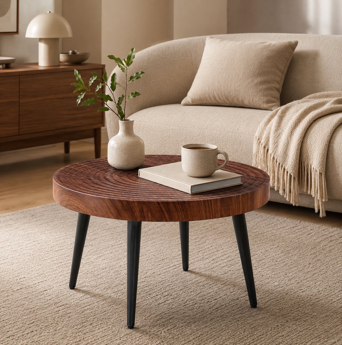 MIVRAY Salontafel - Ronde Koffietafel Met Jaarringstructuur - Voor Kleine Woonkamer En Appartement - Hout En Metaal - Ø 60 Cm - Walnootkleur