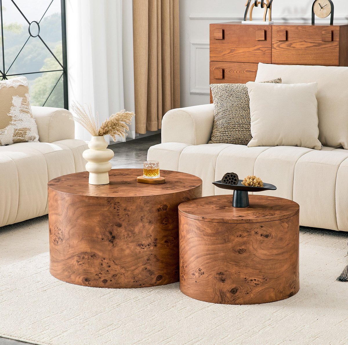 MIVRAY Salontafel Set Van 2 Met Opbergruimte En Afneembaar Blad Voor Woonkamer Rond MDF Bruin 62,8 Cm En 44 Cm