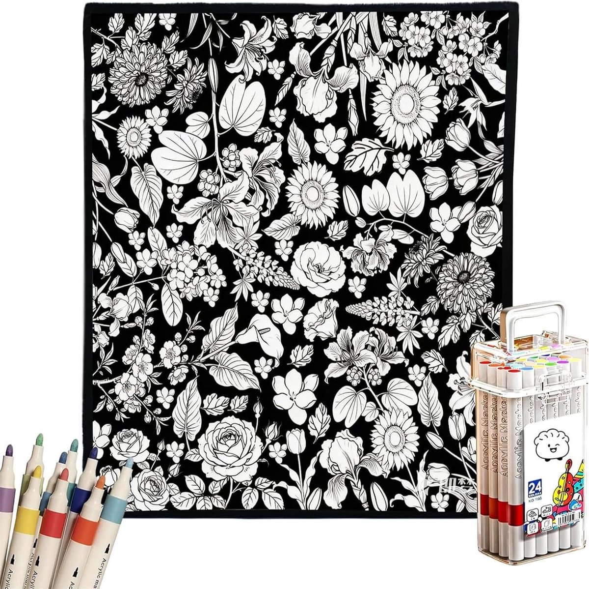 Tekendeken - DIY Kleurdeken - Diy-Inkleurdeken-Set - Decoratieve Plaid - Bloemenpatroon - Inclusief 24 Stiften - 150 X 125 Cm - Voor Slaapkamers, Woonkamers, Studeerkamers of Kantoren